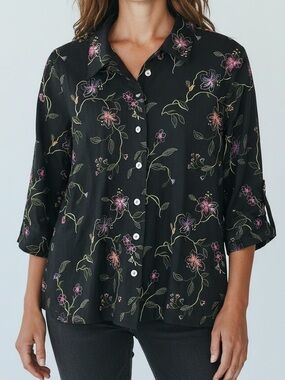 Coldwater Creek Black with Floral Embroidered Design Button Down Shirt